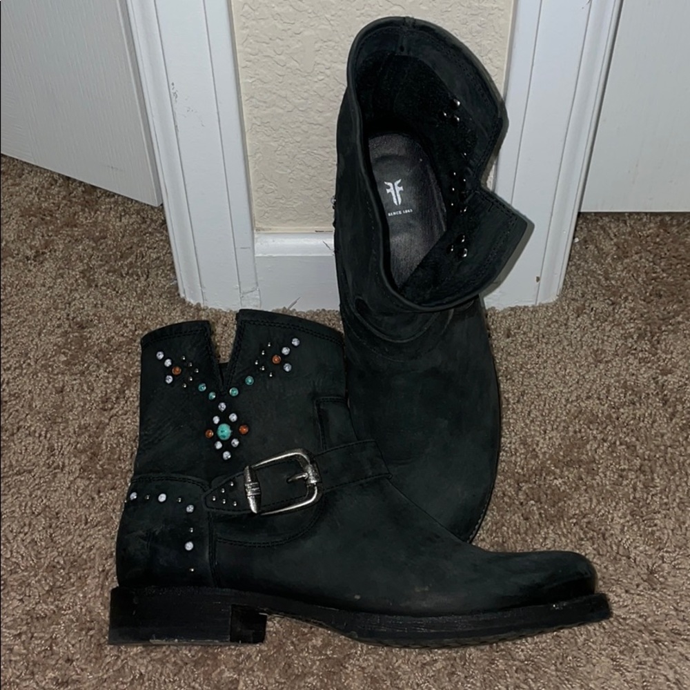 Frye black studded short boot with harness
